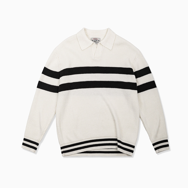 MRA海鷗領polo毛衣條紋套頭V領內搭加絨加厚翻領針織衫潮男冬