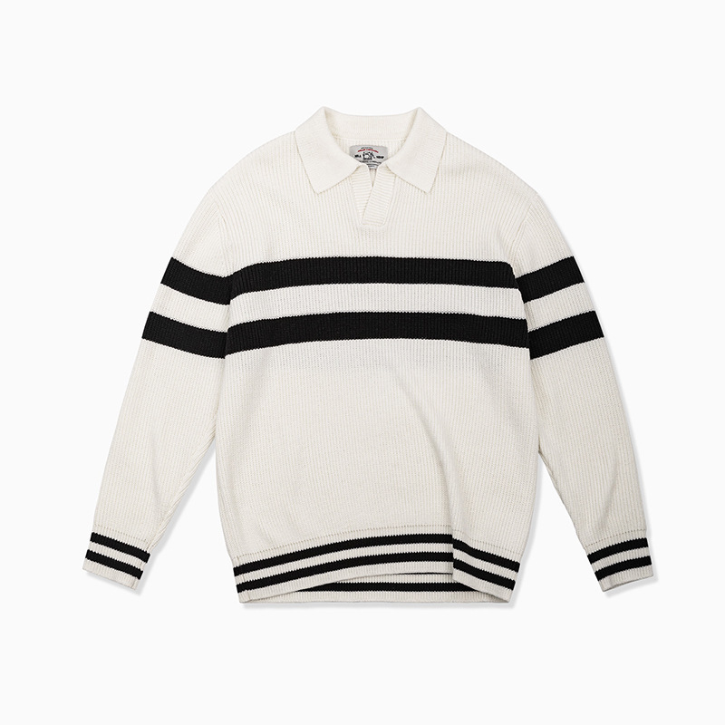 MRA海鷗領polo毛衣條紋套頭V領內搭加絨加厚翻領針織衫潮男冬