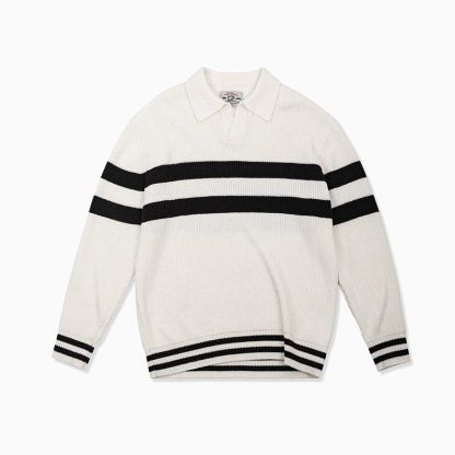 MRA海鷗領polo毛衣條紋套頭V領內搭加絨加厚翻領針織衫潮男冬