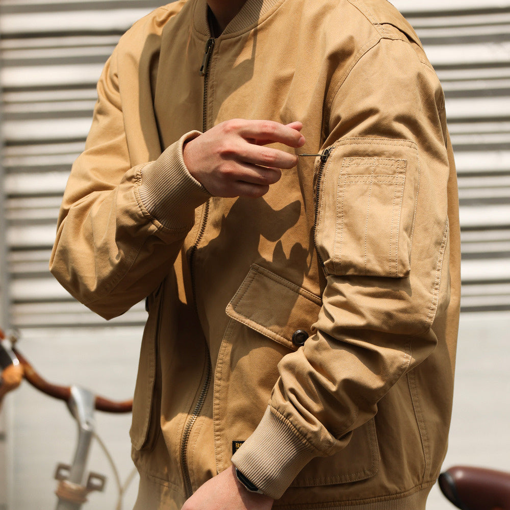 美式復古MA-1飛行夾克男寬鬆工裝大碼卡其色棒球領哈靈頓外套-Retro's Wear