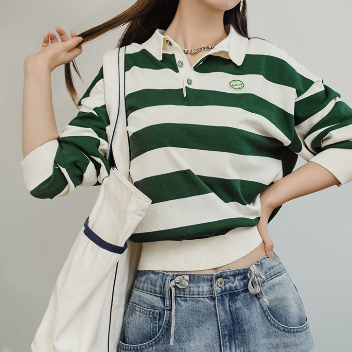 復古撞色條紋POLO領長袖T恤針織休閒百搭上衣顯瘦打底衫秋女-Retro's Wear