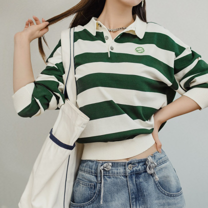 復古撞色條紋POLO領長袖T恤針織休閒百搭上衣顯瘦打底衫秋女-Retro's Wear
