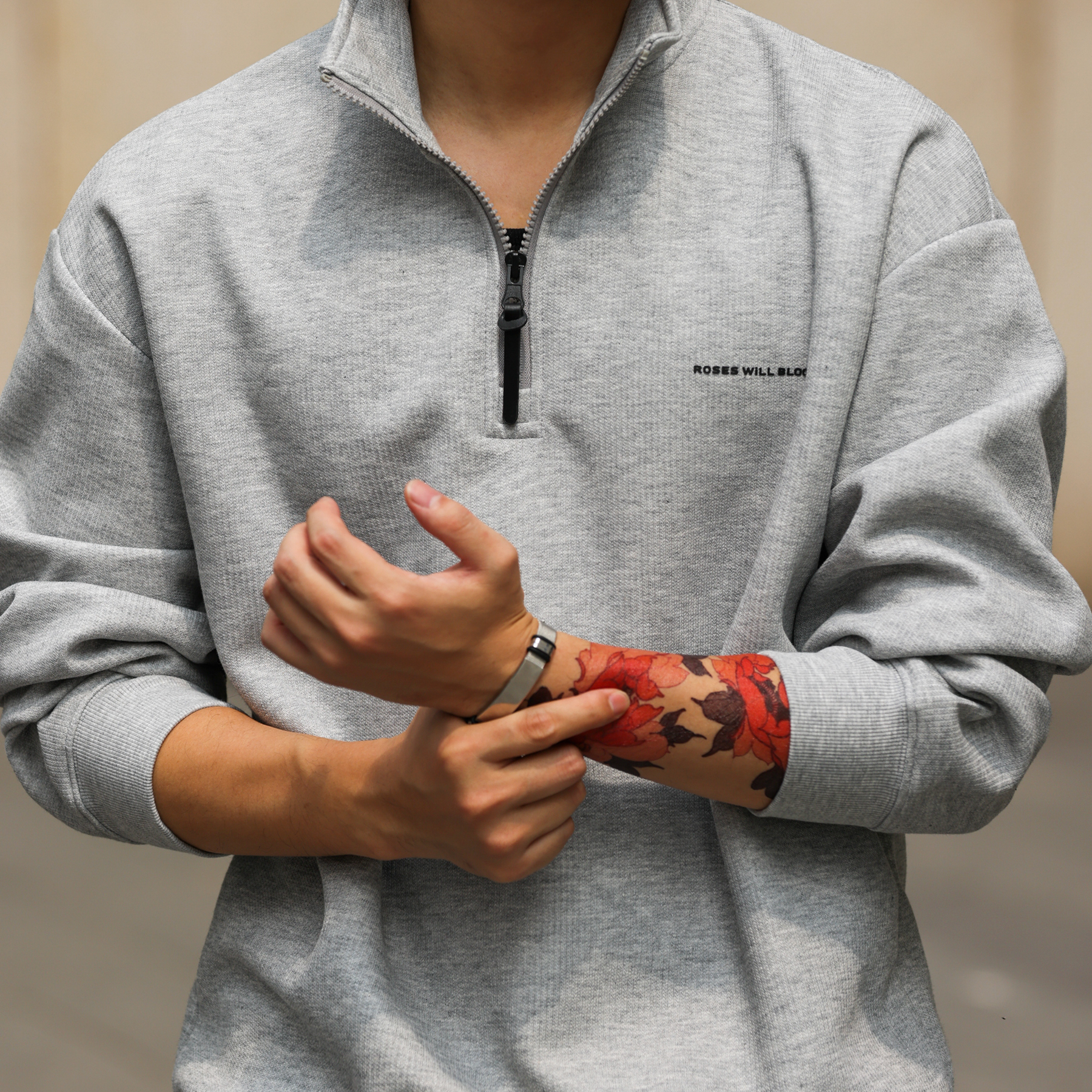 美式休閒半拉鍊立領長袖衛衣男340g針織肌理套頭上衣秋