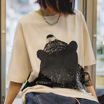 oversize慵懶小熊插畫圓領T恤日系小眾設計顯瘦落肩短袖夏女