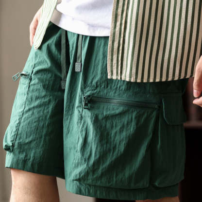 夏季日系速幹工裝短褲男寬鬆大碼抽繩大口袋跑步運動五分褲-Retro's Wear