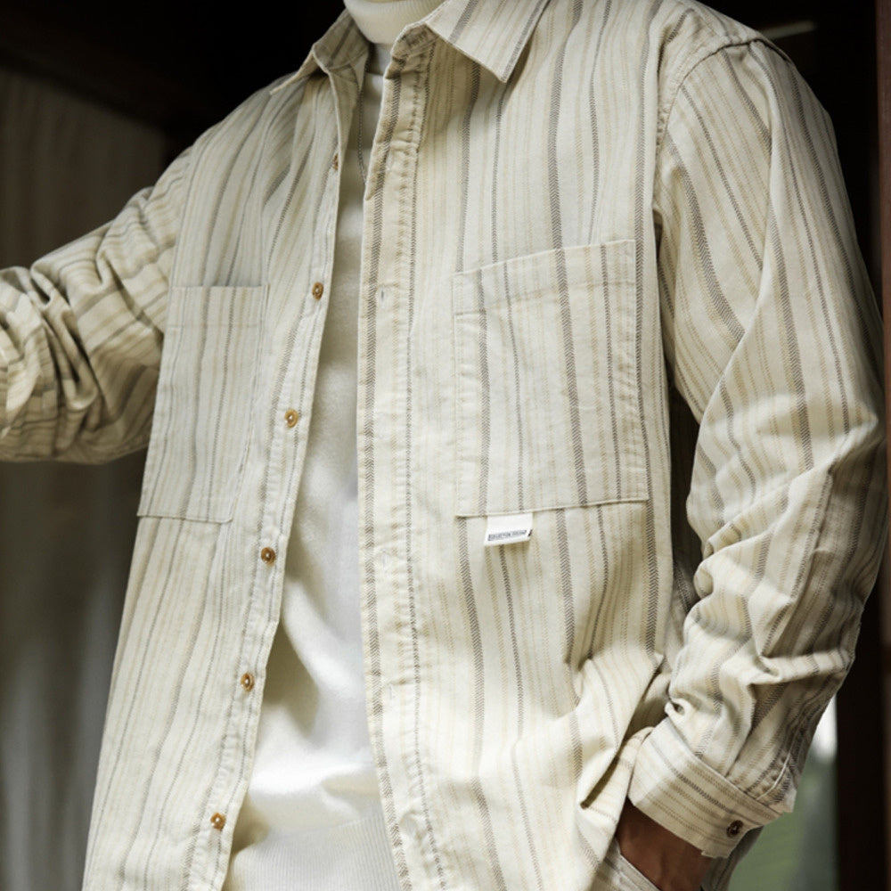 日系復古高級感cleanfit豎條紋襯衫翻領小眾設計感長袖襯衣-Retro's Wear
