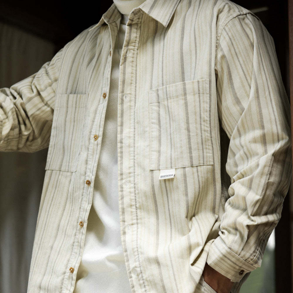 日系復古高級感cleanfit豎條紋襯衫翻領小眾設計感長袖襯衣-Retro's Wear