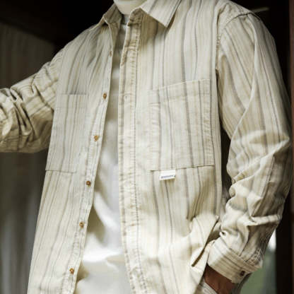 日系復古高級感cleanfit豎條紋襯衫翻領小眾設計感長袖襯衣-Retro's Wear