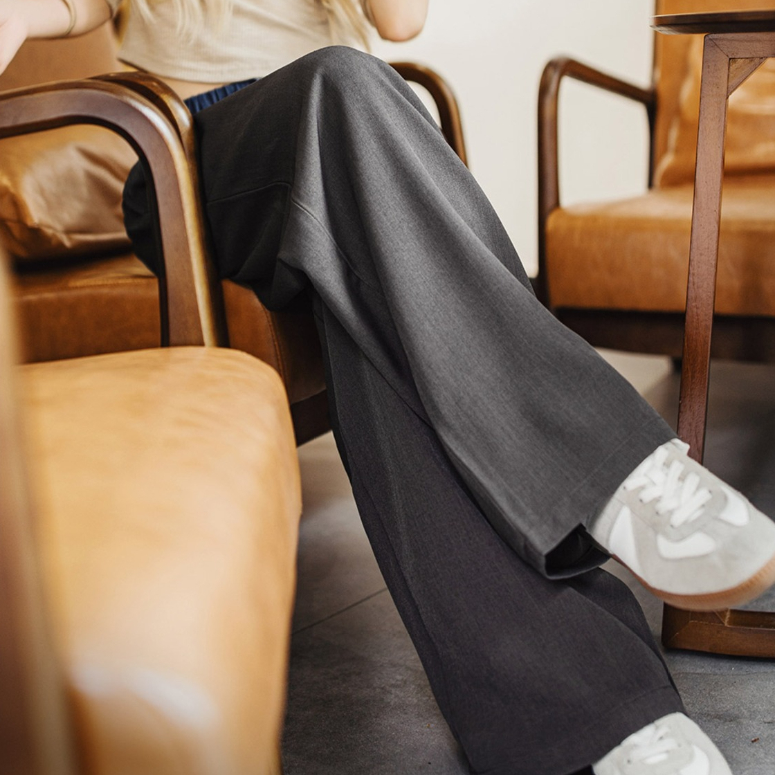 黑色窄版撞色寬鬆緊腰頭拼接直筒褲垂感休閒長褲小個子女士夏