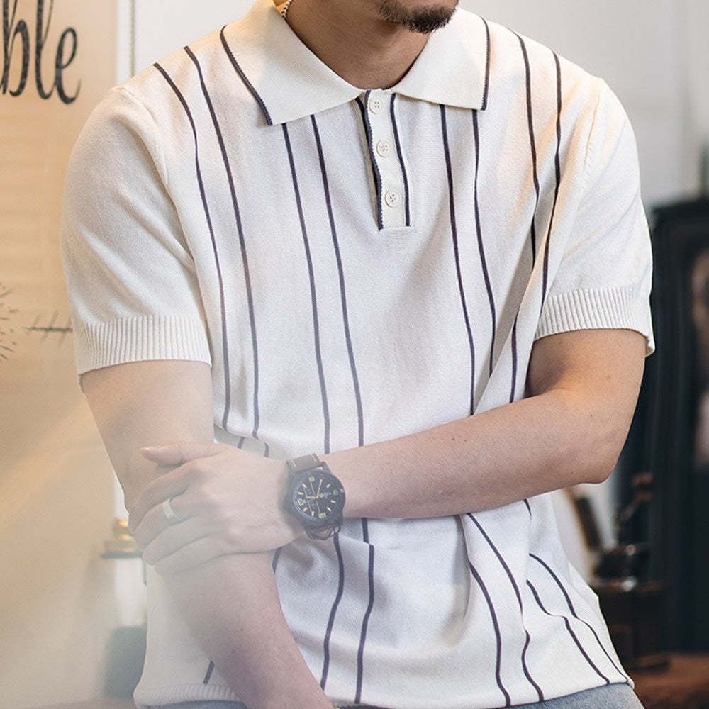 2025新款夏季冰絲針織polo衫男翻領短袖t恤男款休閒條紋上衣
