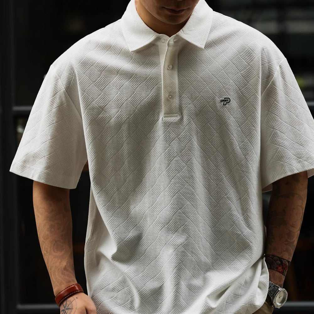 美式休閒200g短袖POLO衫男方格提花零壓舒適感刺繡T恤夏