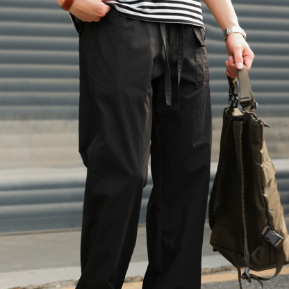 美式休閒冰絲速幹直筒褲子男口袋設計戶外薄款工裝褲夏