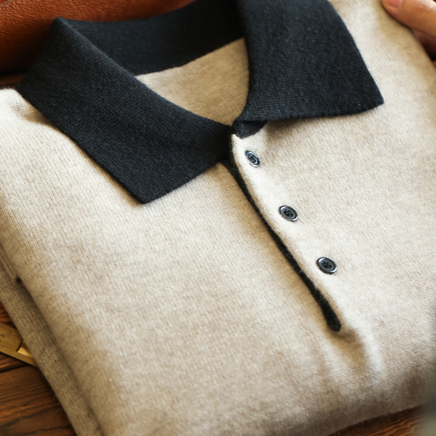 老錢風撞色POLO領毛衣男高支細針抗起球休閒羊毛針織衫