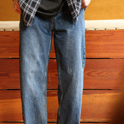 美式復古12.8盎司水洗藍牛仔褲男猫須磨破寬鬆直筒休閒長褲-Retro's Wear