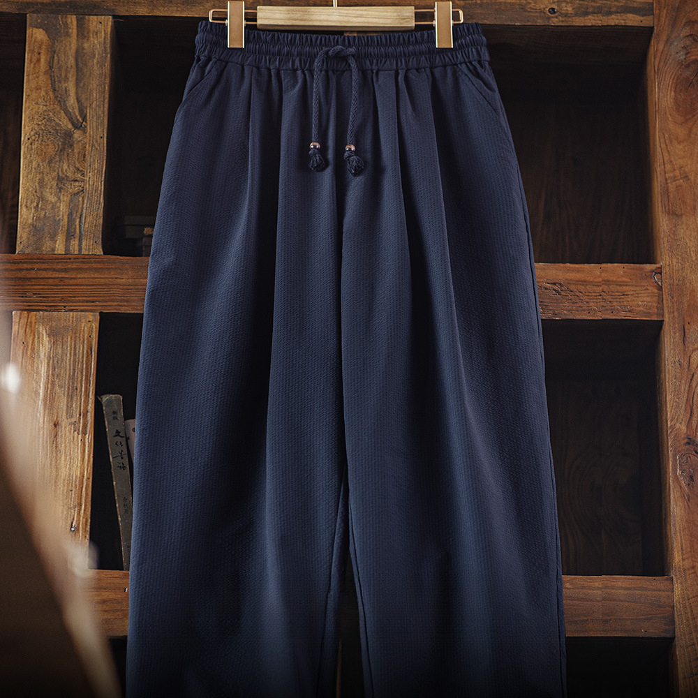 美式休閒束腰泡泡紗日系燈籠褲男寬鬆闊腿透氣彎刀褲春夏