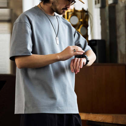 240g新疆長絨棉插肩短袖T恤男寬鬆圓領美式休閒打底衫夏