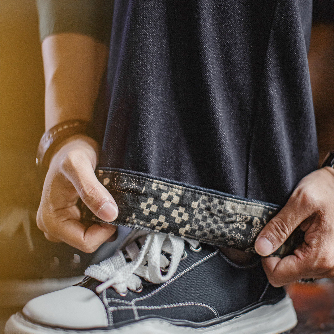 美式古布水洗牛仔褲直筒BORO闊腿深藍色寬鬆休閒褲子男春