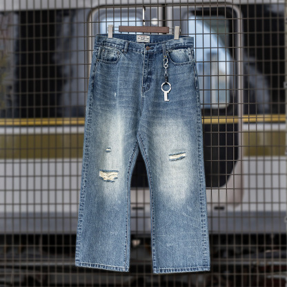 MRA復古內華達水洗猫須直筒軟牛仔褲不規則破洞淺藍長褲男秋