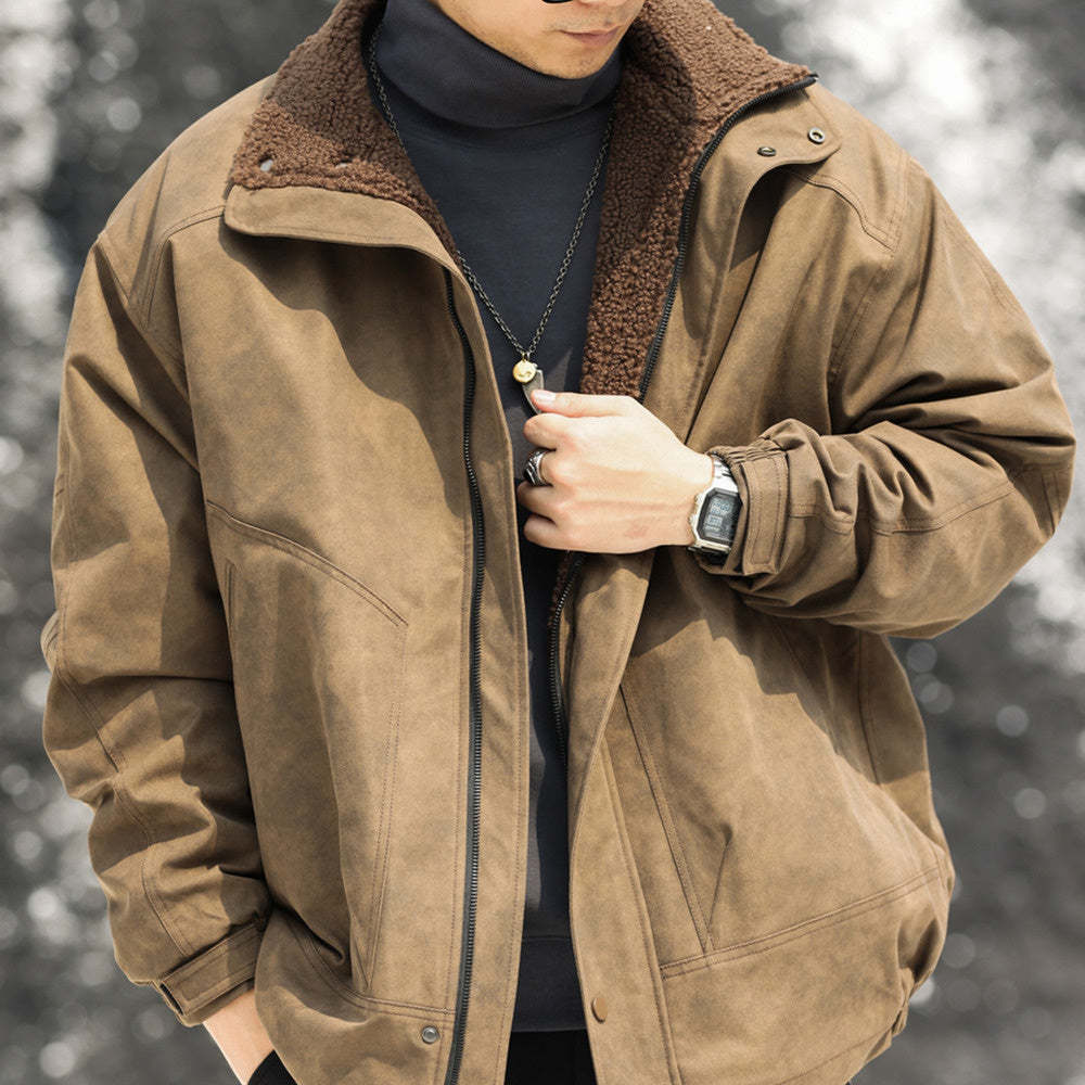 美式復古加棉羊羔絨夾克外套男麂皮絨拼接立領高級感棉服