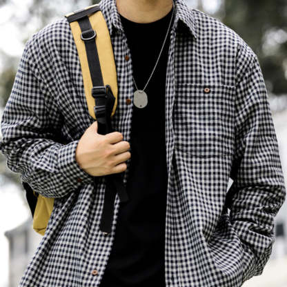 日系重磅格子長袖襯衫男磨毛柔織休閒免燙翻領秋季襯衣外套-Retro's Wear