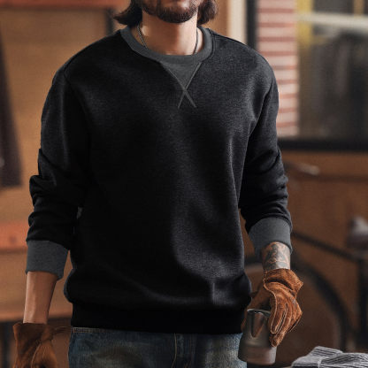 美式復古復古撞色圓領衛衣男2025秋冬加絨寬鬆休閒打底上衣