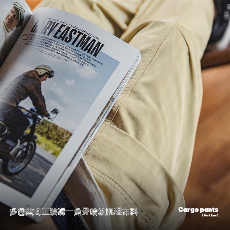 美式復古多口袋人字紋休閒褲vibe軍綠色直筒長褲男春季-Retro's Wear