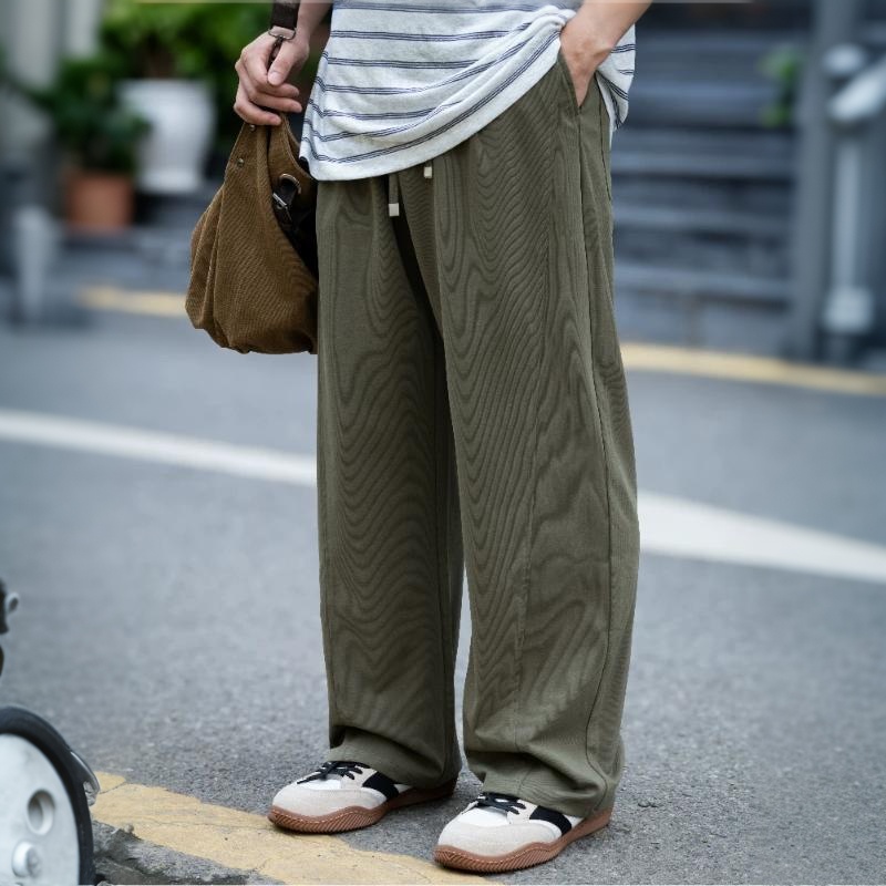 夏季男士休閒闊腿褲軍綠色薄款垂感速乾長褲