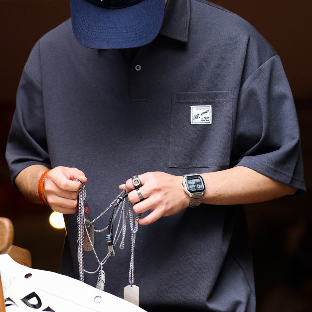 日系痞帥短袖POLO衫男士口袋貼標翻領美式復古重磅保羅T恤夏-Retro's Wear