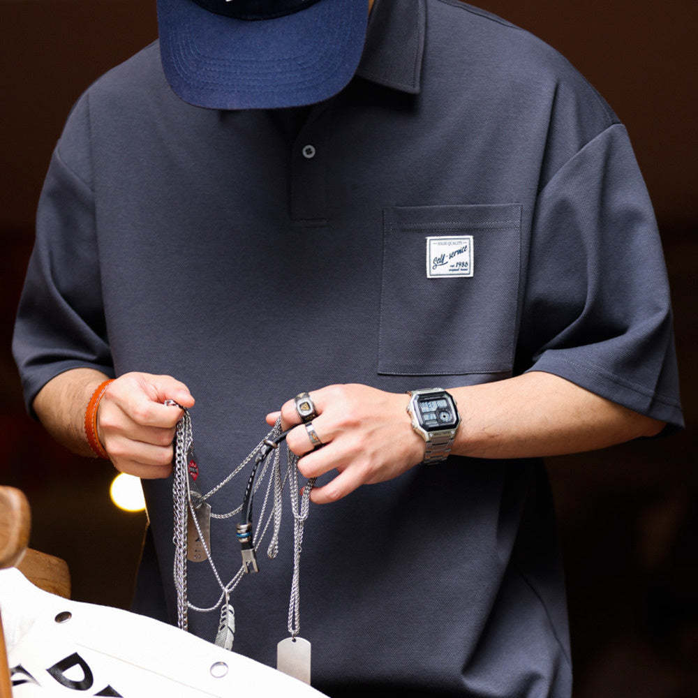 日系痞帥短袖POLO衫男士口袋貼標翻領美式復古重磅保羅T恤夏-Retro's Wear