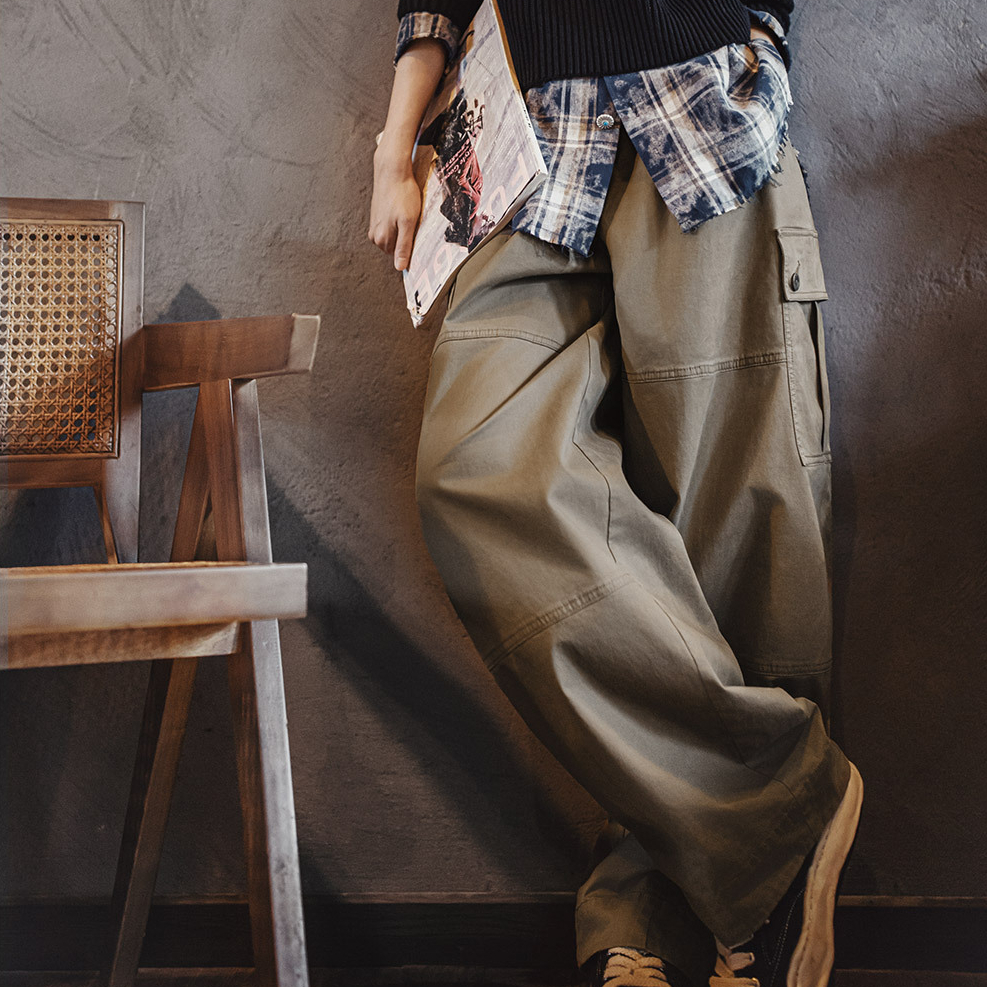 美式復古灰咖啡色多口袋寬鬆闊腿氣球休閒彎刀工裝褲子女士秋