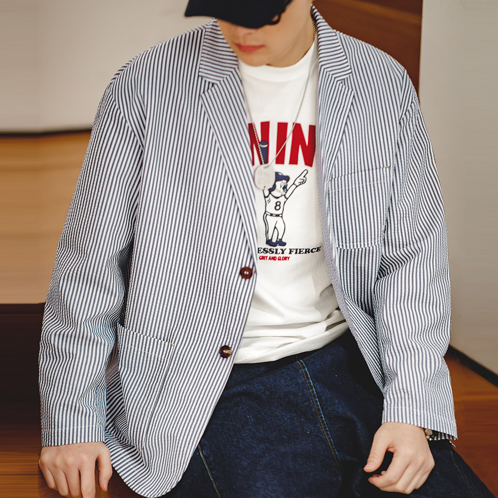 泡泡紗條紋西裝外套平駁領寬鬆帥氣休閒時尚潮流西服男-Retro's Wear