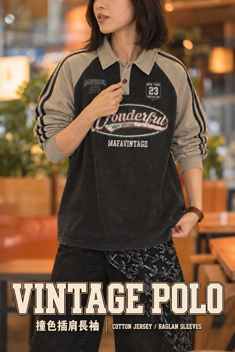 Color-Block Raglan-Sleeve Vintage Print Long-Sleeve Polo Shirt · 02-hero