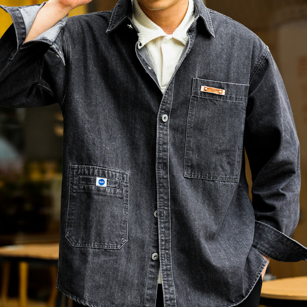 美式工裝長袖牛仔襯衫男寬鬆翻領百搭古著感休閒襯衣外套秋-Retro's Wear