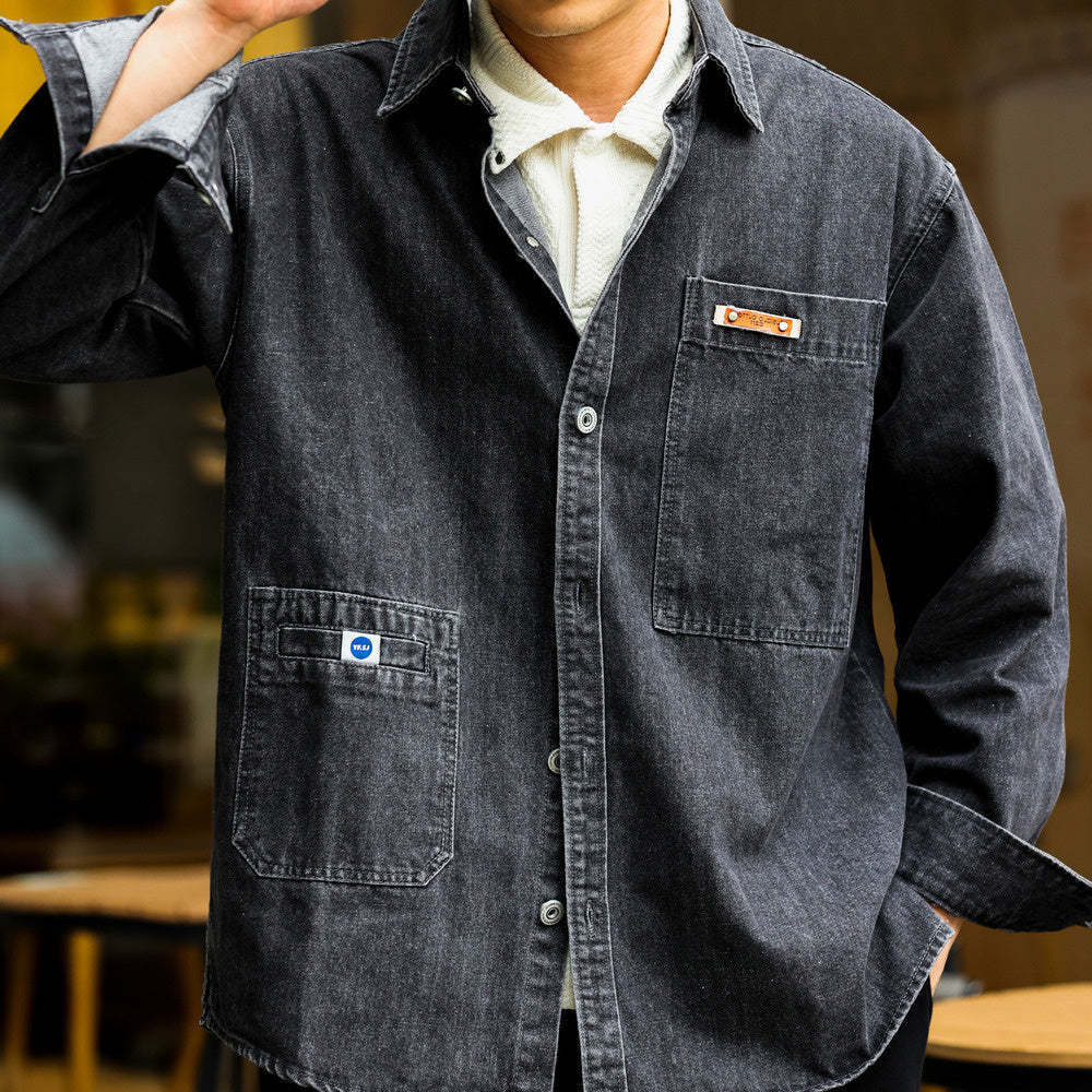 美式工裝長袖牛仔襯衫男寬鬆翻領百搭古著感休閒襯衣外套秋-Retro's Wear