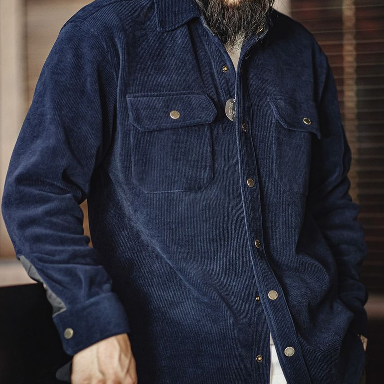 美式復古重磅針織條絨襯衫夾克仿燈芯絨翻領外套男秋冬季-Retro's Wear