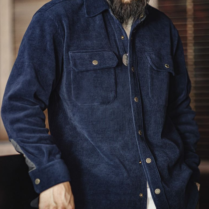 美式復古重磅針織條絨襯衫夾克仿燈芯絨翻領外套男秋冬季-Retro's Wear