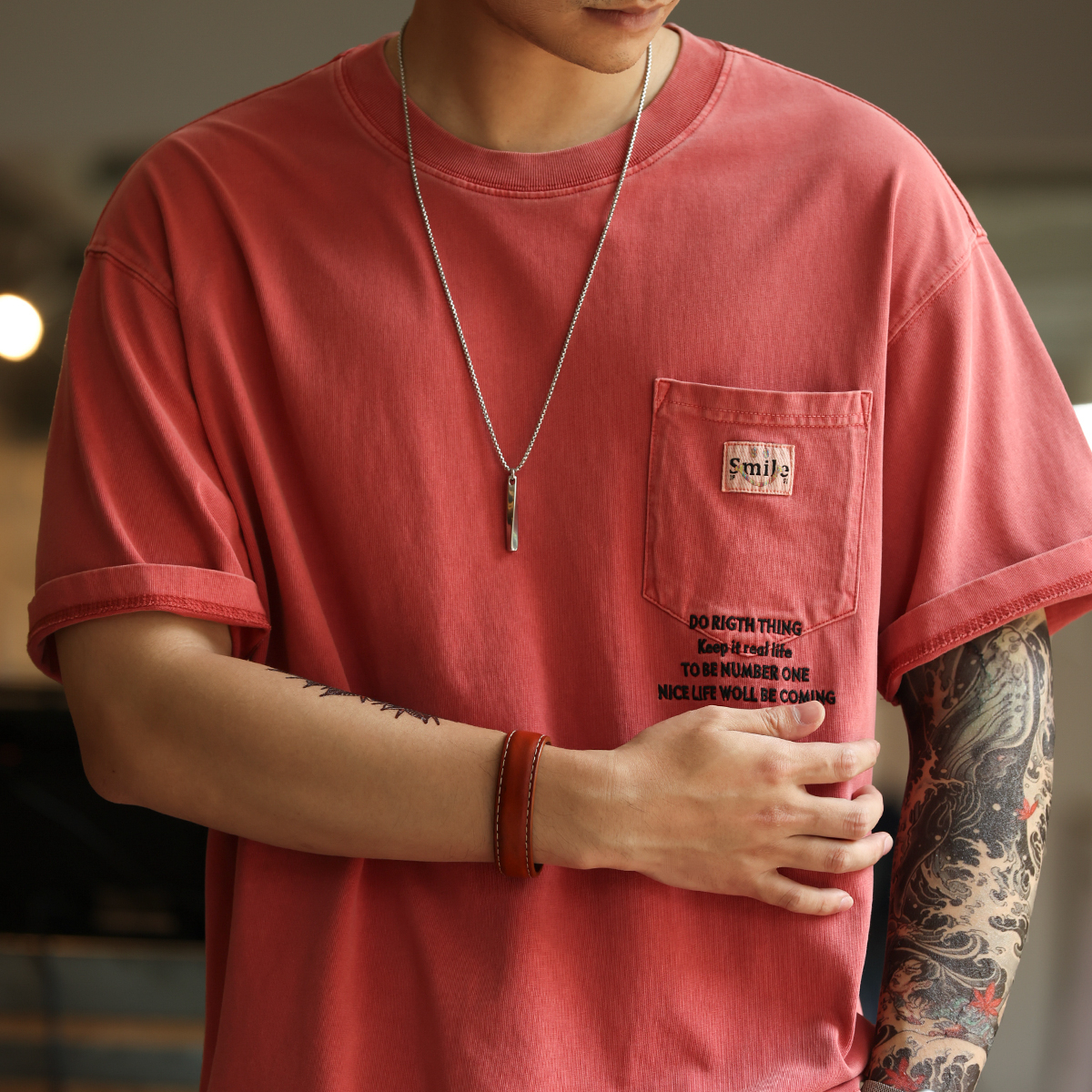 美式復古重磅水洗做舊T恤男260g純棉口袋刺繡短袖打底衫