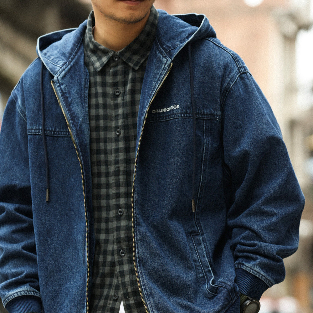 美式休閒連帽牛仔外套男寬鬆丹寧水洗重磅拉鍊工裝夾克