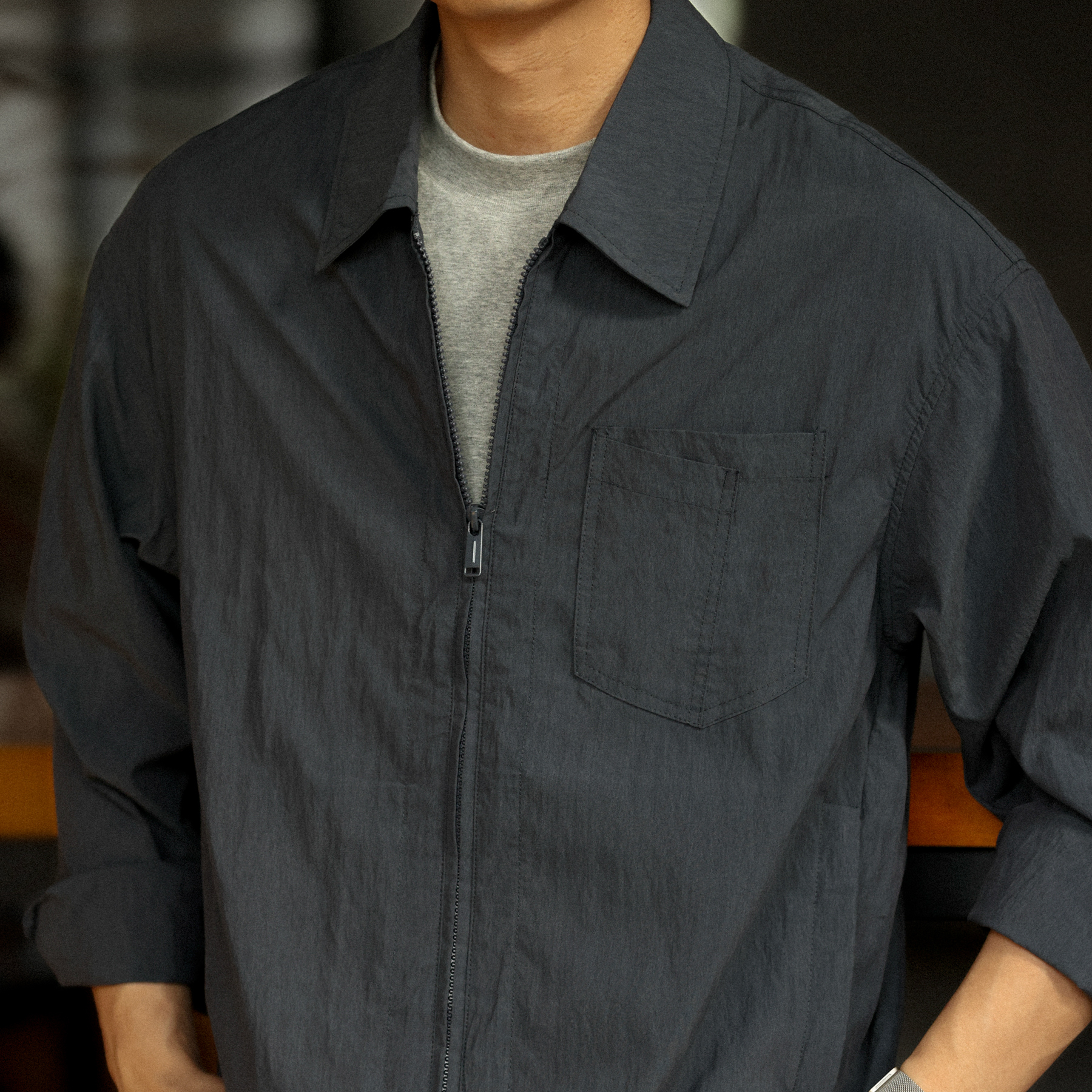 110g原紗萊賽爾薄款夾克男美式休閒拉鍊翻領外搭外套秋