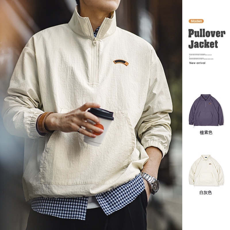 美式復古半拉鍊立領夾克衛衣cityboy運動套頭外套男春季-Retro's Wear