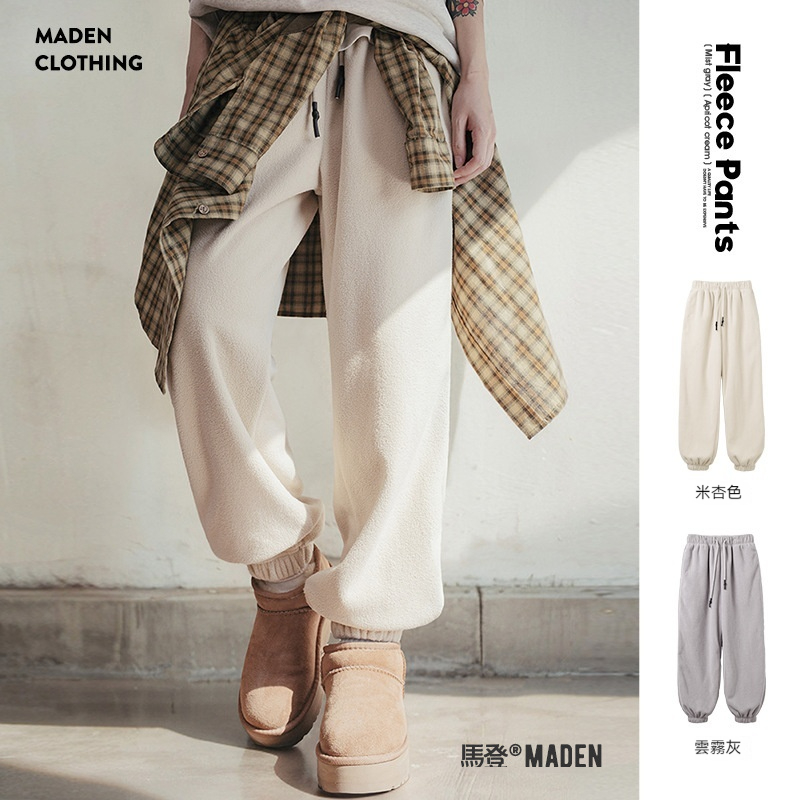 美式搖粒絨束脚衛褲保暖居家褲外穿寬鬆休閒褲垂感長褲冬季女-Retro's Wear