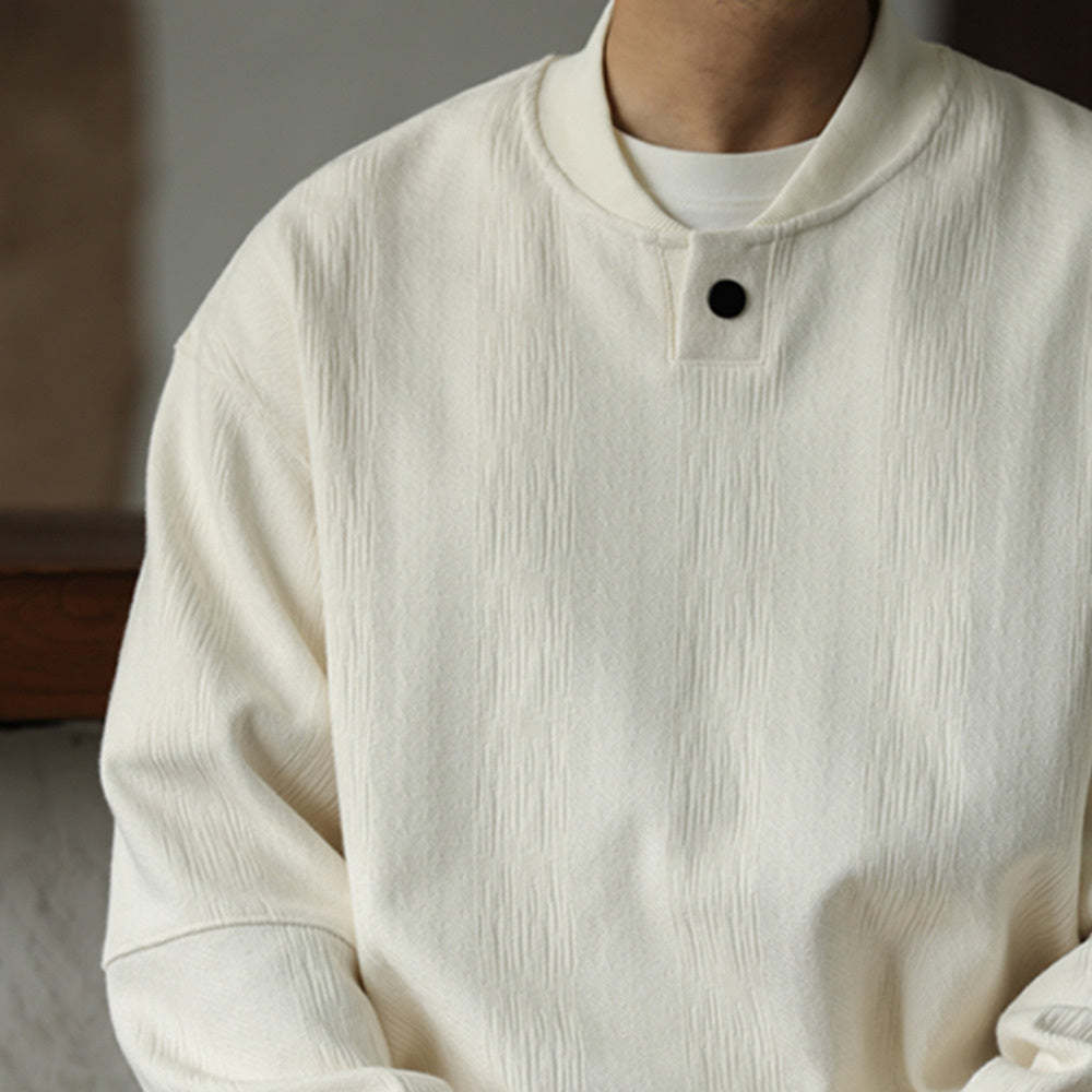 美式休閒重磅提花紋理衛衣男鬆弛設計感寬鬆棒球領套頭衫秋-Retro's Wear