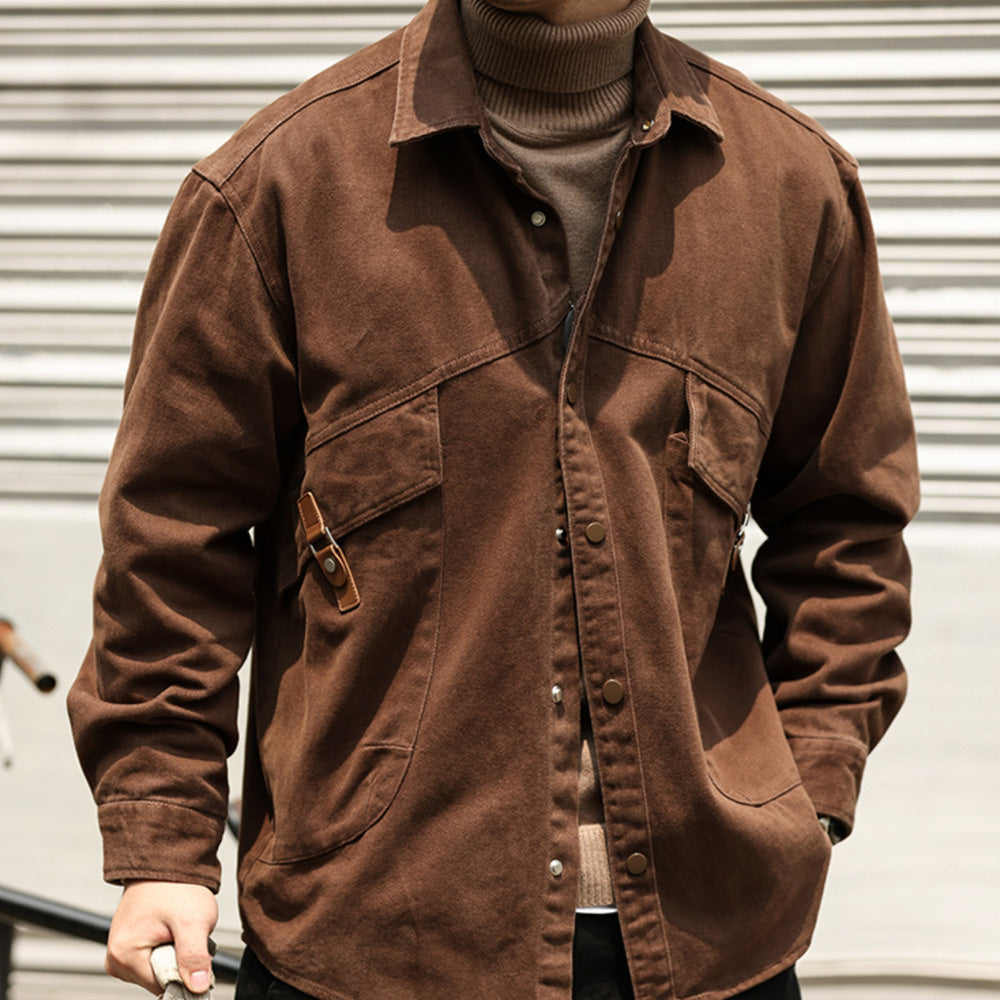 格雷系安可拉紅色襯衫外套男寬鬆巴黎扣斜插口袋工裝襯衣秋-Retro's Wear