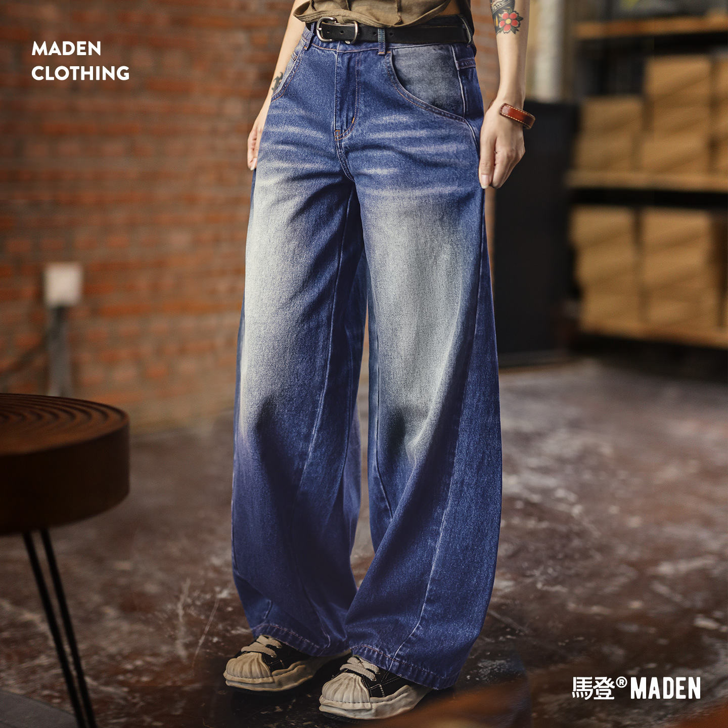 丹寧藍美式復古閃電紋水洗寬鬆香蕉彎鐮刀牛仔闊腿褲子女士秋