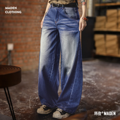 丹寧藍美式復古閃電紋水洗寬鬆香蕉彎鐮刀牛仔闊腿褲子女士秋