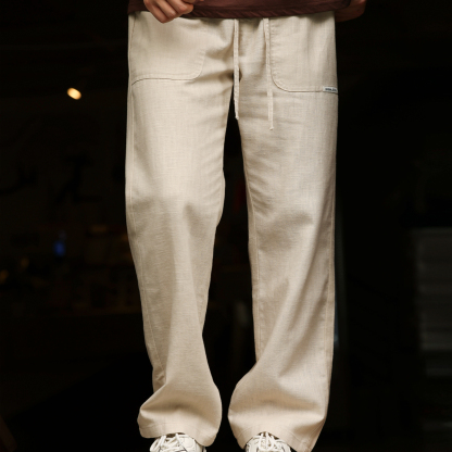 夏季美式透氣棉麻休閒褲子男寬鬆垂墜感鬆緊腰直筒長褲