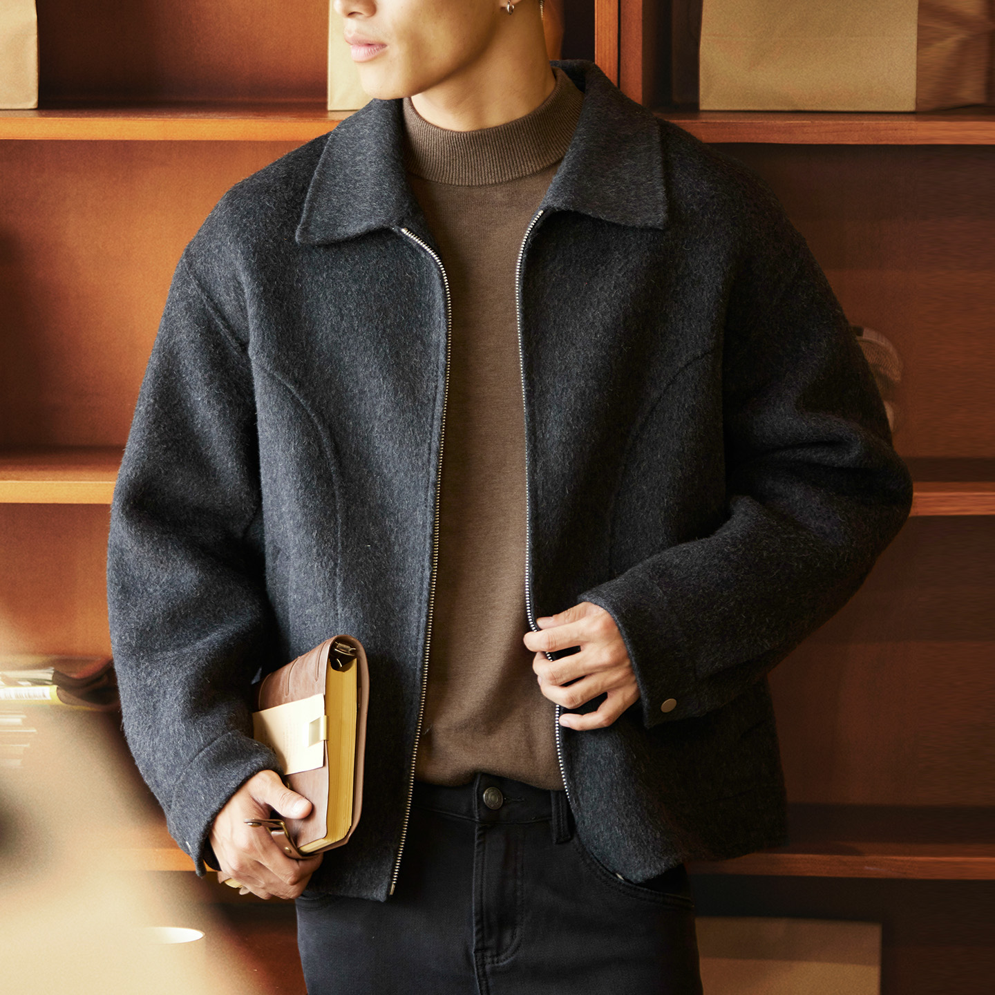 雙面羊絨短款翻領毛呢大衣男士2025冬季新款休閒保暖通勤夾克外套