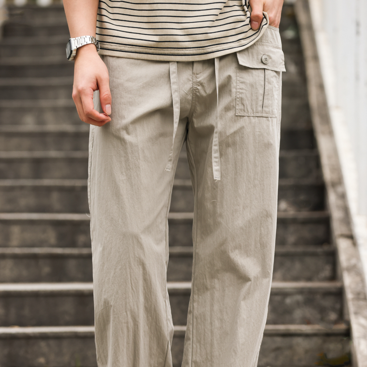 美式休閒冰絲速幹直筒褲子男口袋設計戶外薄款工裝褲夏