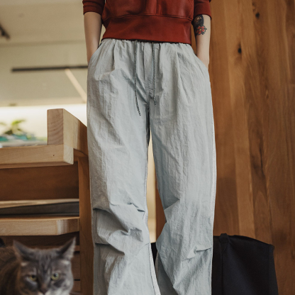 灰色山系褶皺機能輕戶外直筒工裝降落傘兵運動休閒褲子女士秋