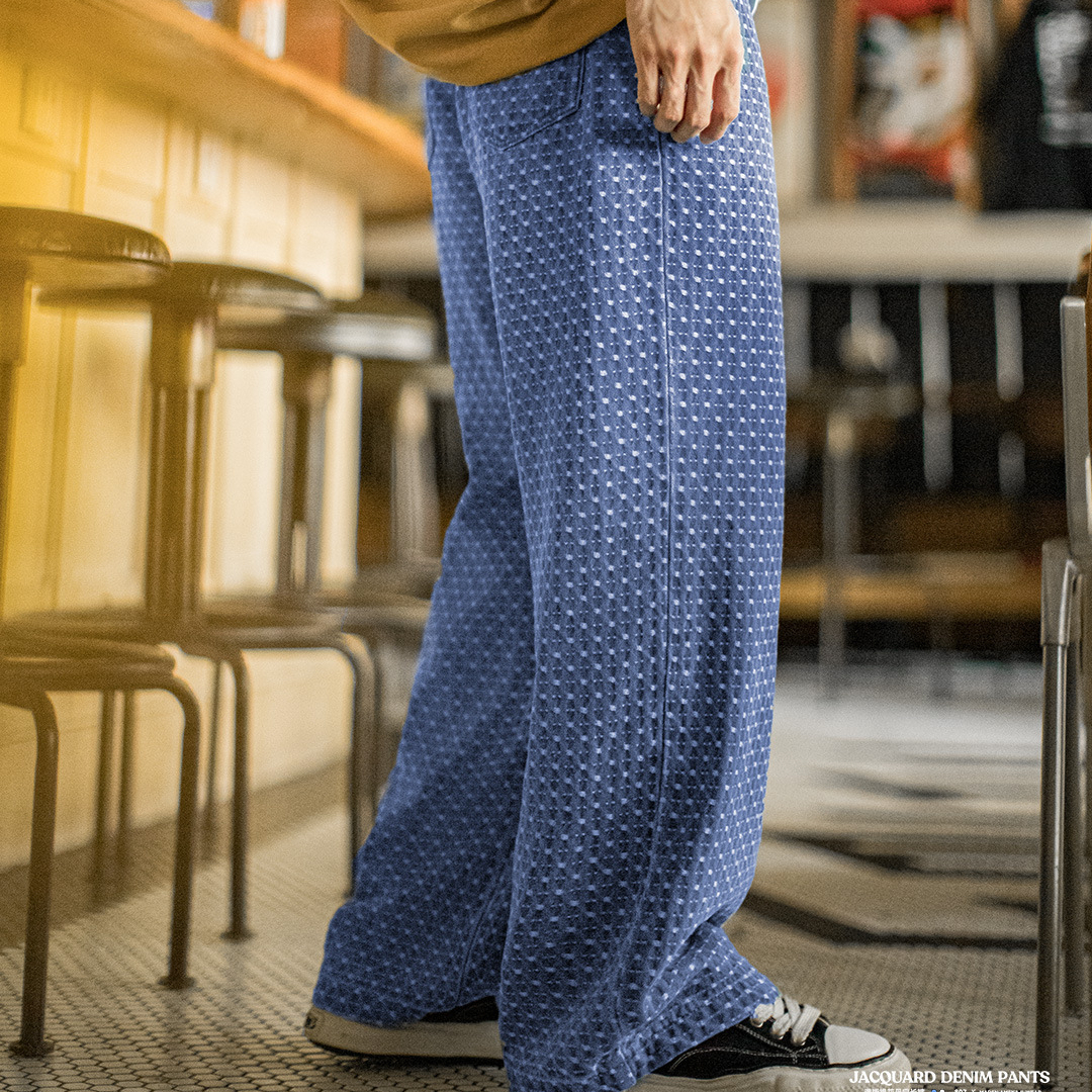 美式復古滿印提花水洗丹寧牛仔褲直筒垂感休閒長褲子男秋